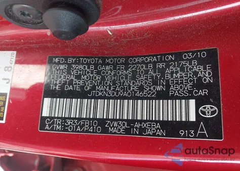 2010 Toyota Prius Ii z USA, uszkodzony, nr VIN JTDKN3DU9A0146522